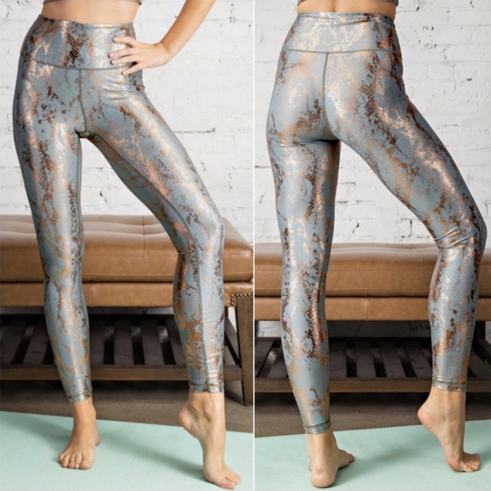 LAST Pair! Stunning Sage & Metallic Copper Snake Print High Waisted Leggings - Picture 4 of 7